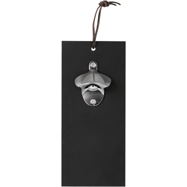 A drink bottle opener with a stainless steel top and a black backing, featuring a leather hanging strap.