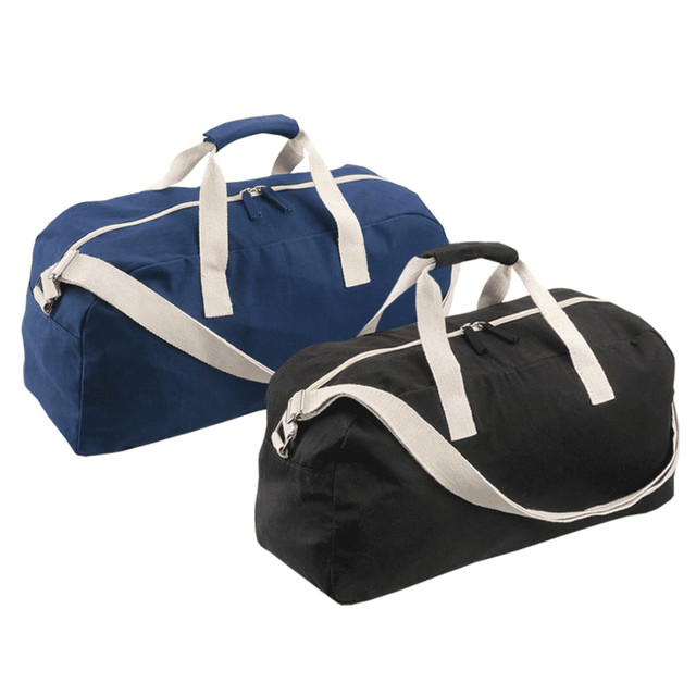 Two duffle bags in blue and black, featuring contrasting white straps and zippers. Each has a logo on the side.