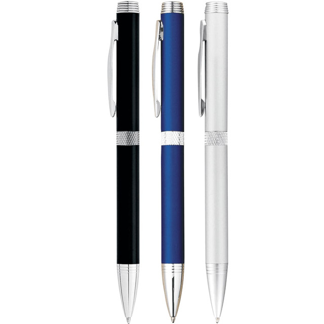 Three metal twist-action ballpoint pens in black, blue, and silver, each featuring a clip and decorative silver accents.