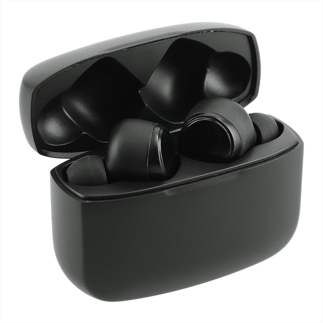 True wireless earbuds in a black charging case, featuring a sleek design and a logo on the case.