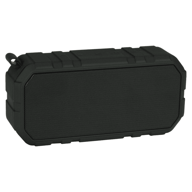 A black outdoor waterproof Bluetooth speaker with a textured surface and a rugged design, featuring a logo.