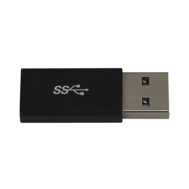 A black USB C adapter with a metallic connector and a logo on the body.