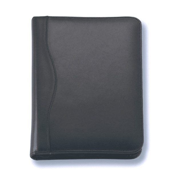 A black leather compendium with a smooth finish, featuring a subtle curved design on the cover.