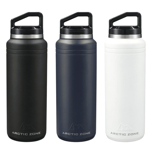A drink bottle set featuring three colours: black, navy blue, and white, with a handle and branding.