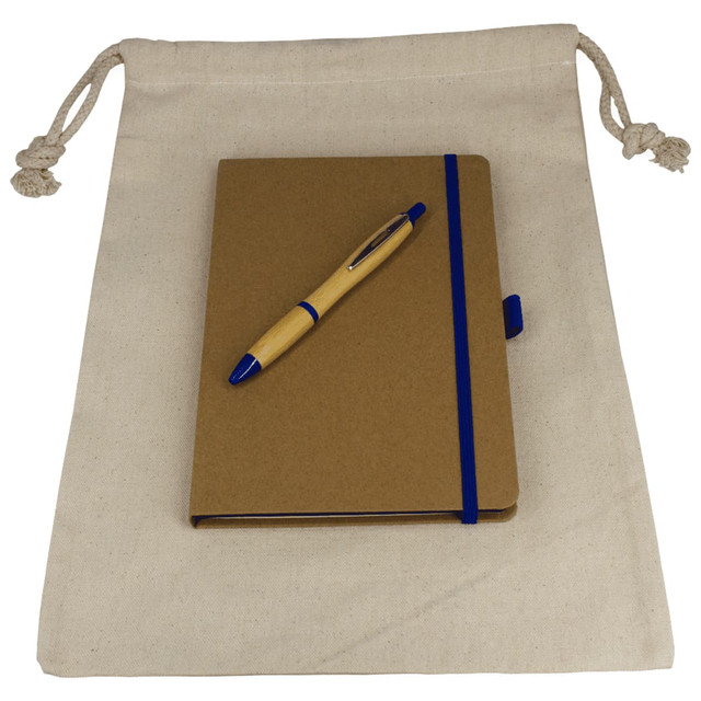 A drawstring bag in cream holds a brown JournalBook with a blue elastic band and a blue pen on top.