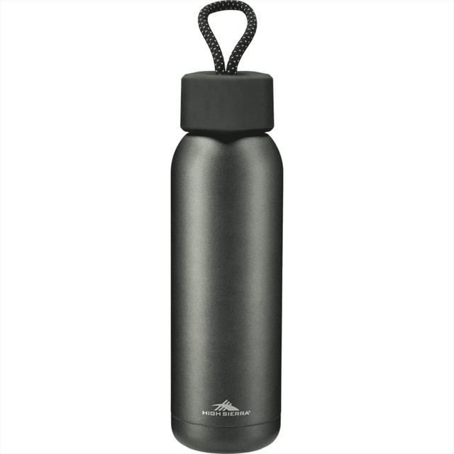 A drink bottle with a matte grey finish, featuring a black lid and a braided handle. It includes a logo on the front.