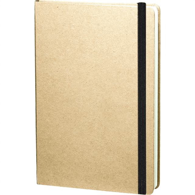 A kraft-coloured journal with a black elastic band, featuring a plain cover and a logo on the front.