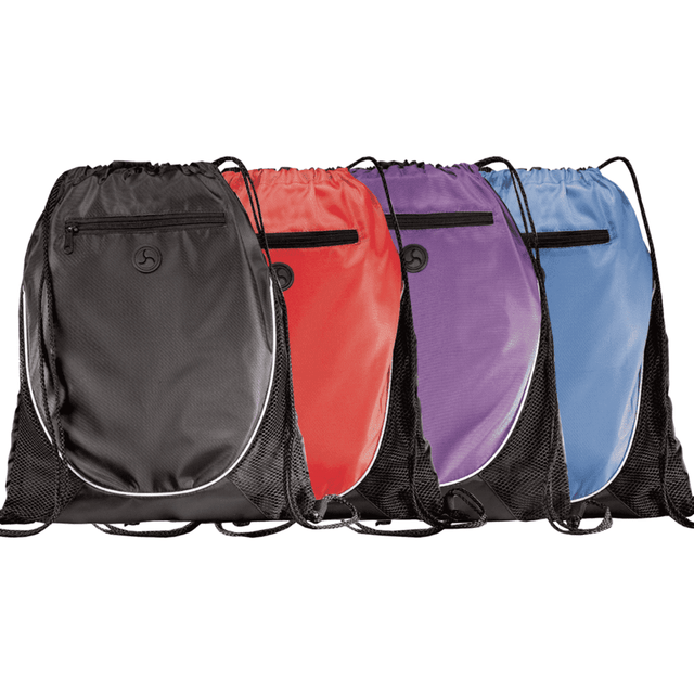 A set of four drawstring sportspacks in black, red, purple, and blue, each with a logo and mesh sides.