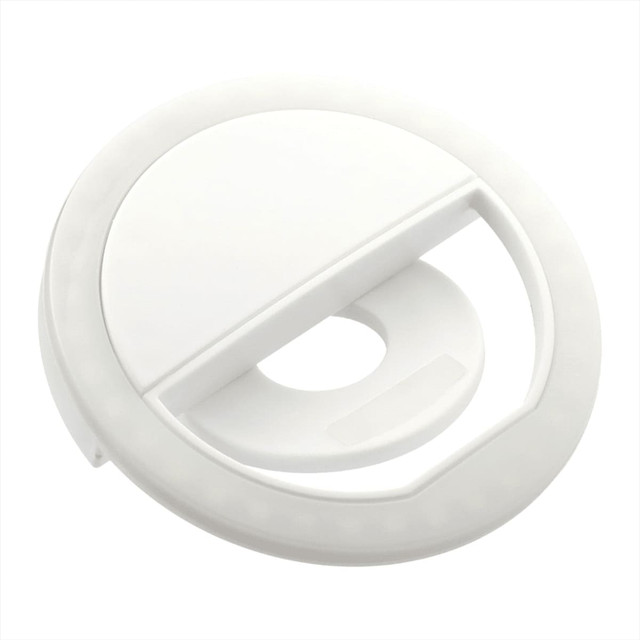 A white circular LED light with a flat base and a semi-circular opening for mounting. It features a smooth finish and has a logo.