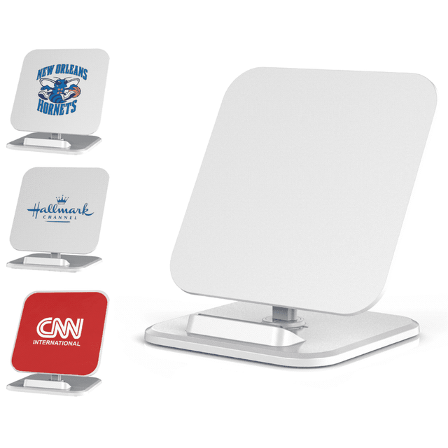 A wireless charger and stand in white and silver, featuring three different logos on the surface.