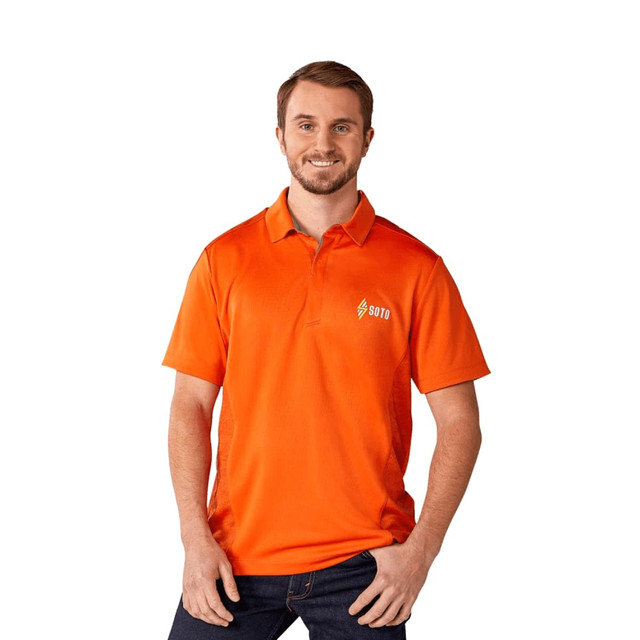 A bright orange men's polo shirt with short sleeves, featuring a logo on the chest.