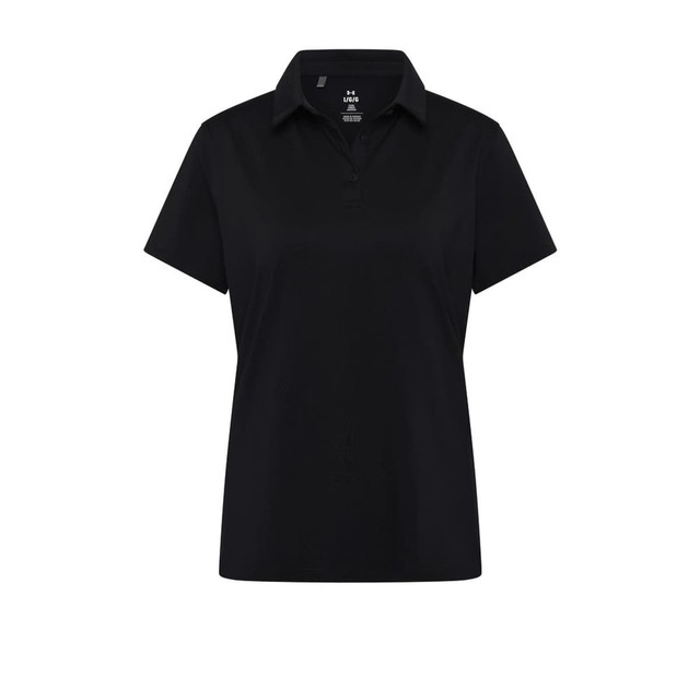 A women's black polo shirt with a collar and short sleeves, featuring a logo on the chest.