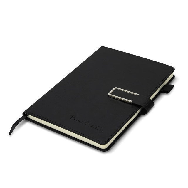 A black diary with a sleek cover and a metallic clasp, featuring an interior with cream pages and a logo.