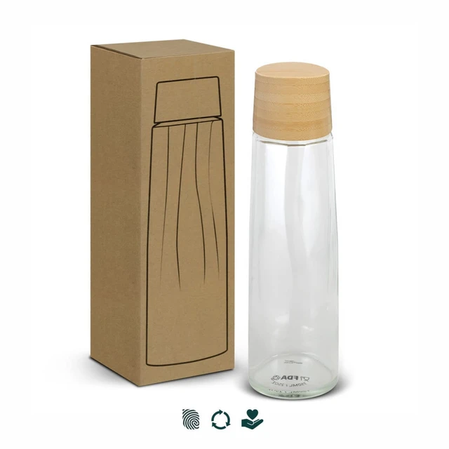 A drink bottle with a clear glass body and a wooden lid, packaged in a simple brown box, featuring a logo.