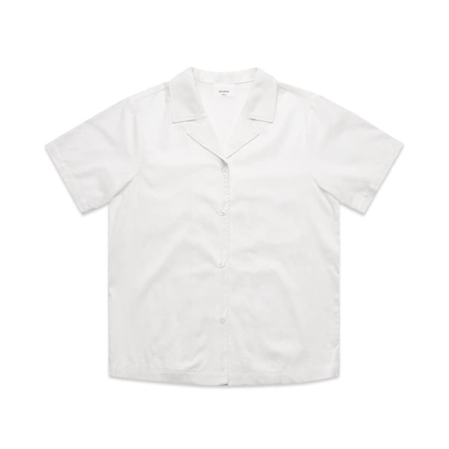 A white short-sleeve pyjama top with a collar and button front, featuring a subtle logo.