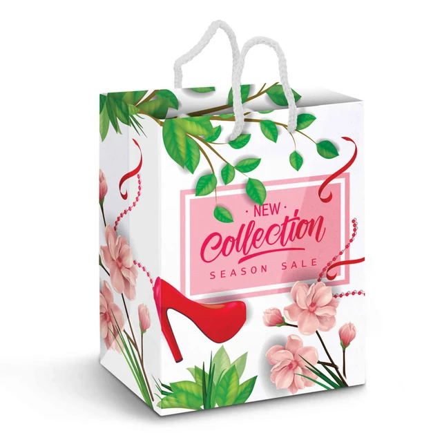 A large laminated paper carry bag featuring a floral design, red high heel graphic, and a logo.