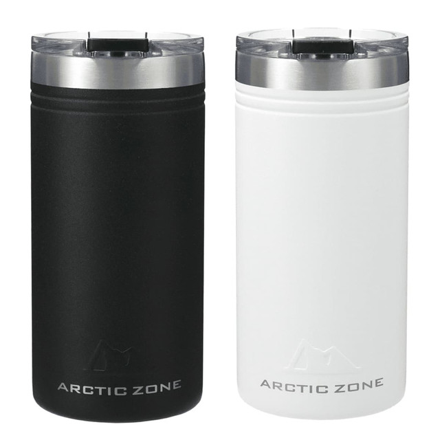 A drink bottle set featuring a black and a white Arctic Zone Titan Thermal HP Slim Cooler with a silver lid.
