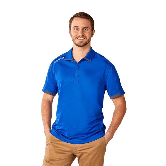 A blue men's short sleeve performance polo shirt with a logo on the chest, modelled by a man.