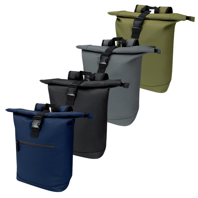 Four roll-top backpacks in navy, black, grey, and olive green, featuring adjustable straps and buckle closures.