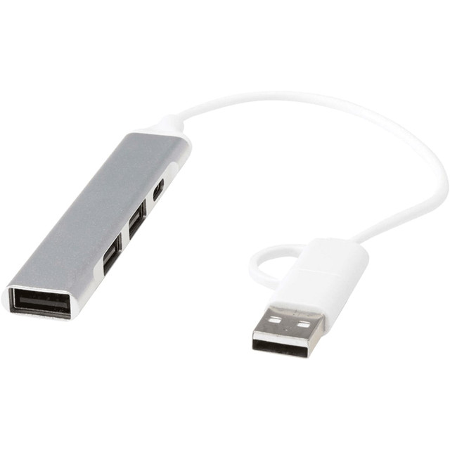 A silver USB hub with four ports, including USB-A and Type-C connections, attached to a white cable.