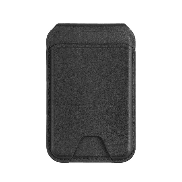 A black magnetic wallet and phone stand with a sleek, minimalist design, featuring a logo on the surface.