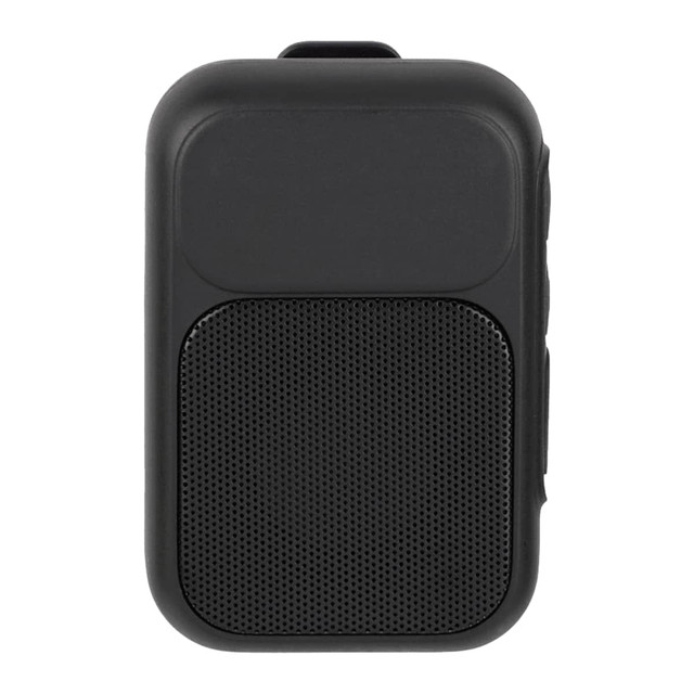 A black Bluetooth speaker with a textured speaker grille and a smooth surface on the top, featuring a logo.