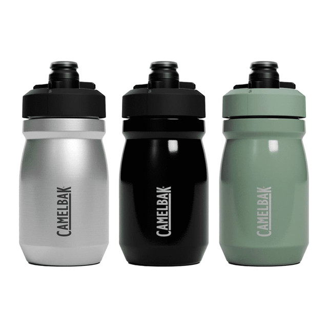 A drink bottle in silver, black, and green with a secure lid and a branding logo.