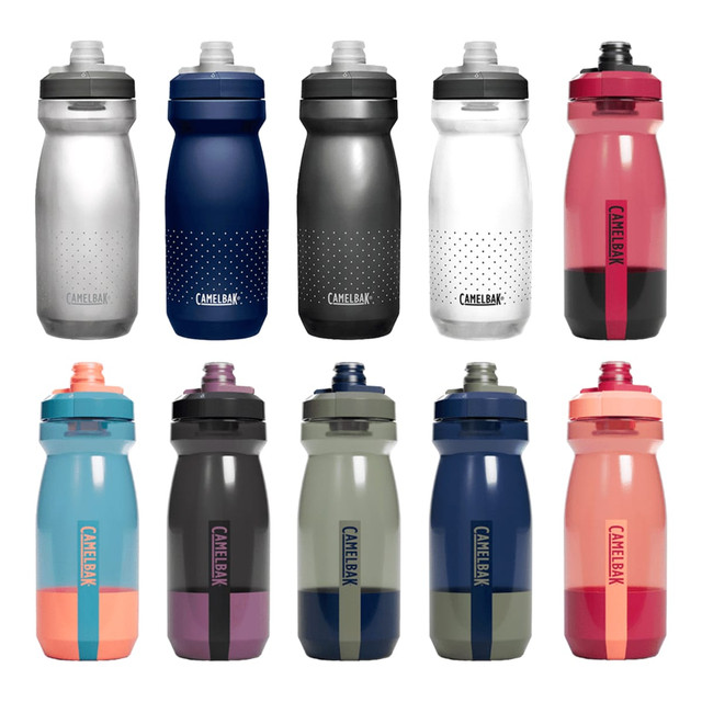 A drink bottle in various colours including grey, black, clear, red, blue, and green, featuring a brand logo.
