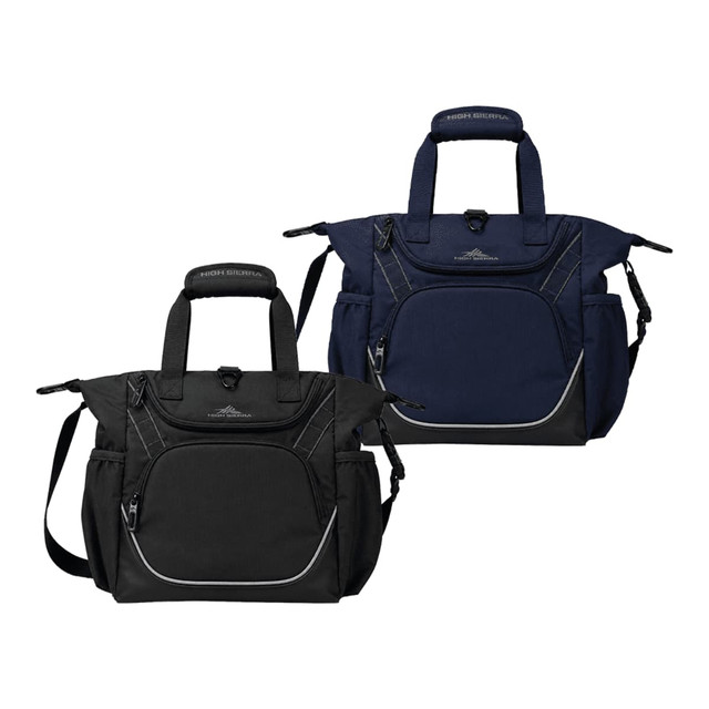 A set of two High Sierra Crib Bags in black and navy, featuring multiple pockets and handles. Each bag has branding.