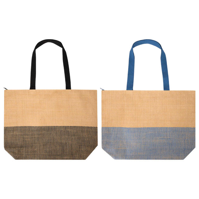 Large zipped tote bag featuring a natural tone with a black and blue patterned bottom. Includes two handles.