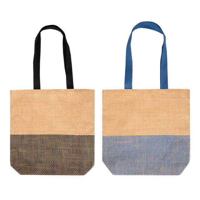 A paper straw tote bag featuring a natural body with black and blue patterns and long handles in matching colours.
