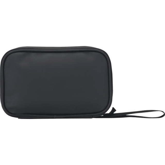A black recycled tech pouch with a zip closure and a carrying strap, featuring a simple design.