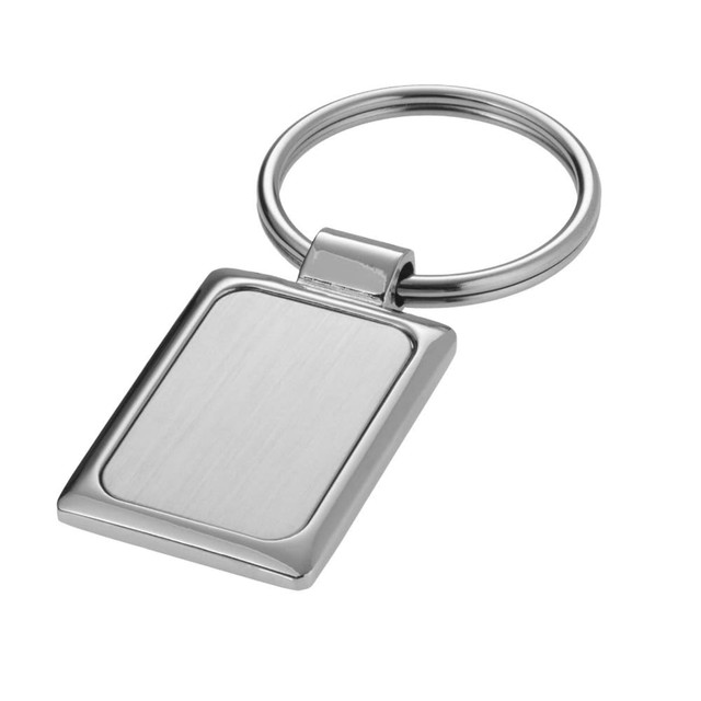 A rectangular silver keyring with a smooth, brushed metal finish and a circular keyring attachment.
