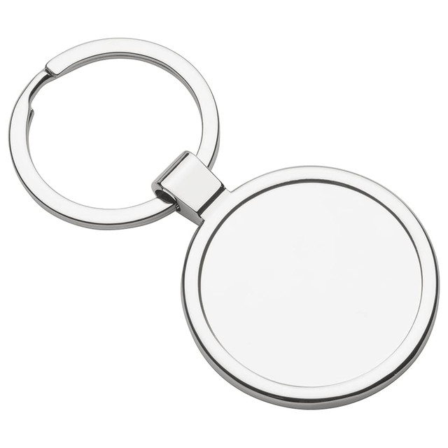 A silver metal keyring featuring a round design with a smooth, blank surface and a sturdy attachment ring.