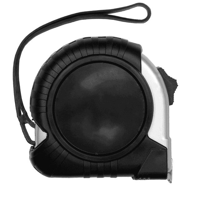 A black and silver Pro Locking Tape Measure with a textured grip and a loop for attachment.