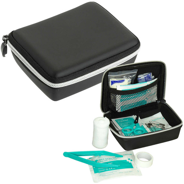 A black first aid kit with a zippered case, containing various medical supplies and a plastic tweezers.