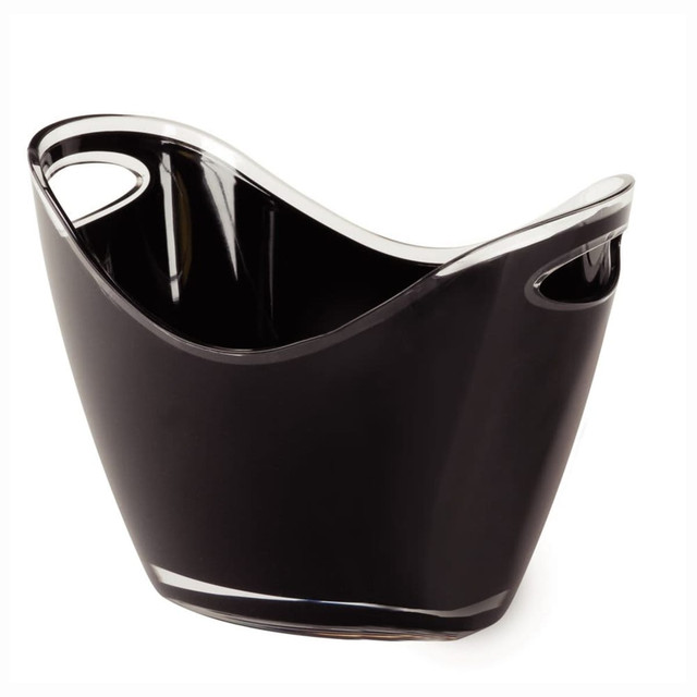 A black ice bucket with a sleek design and clear accents, featuring two side handles.