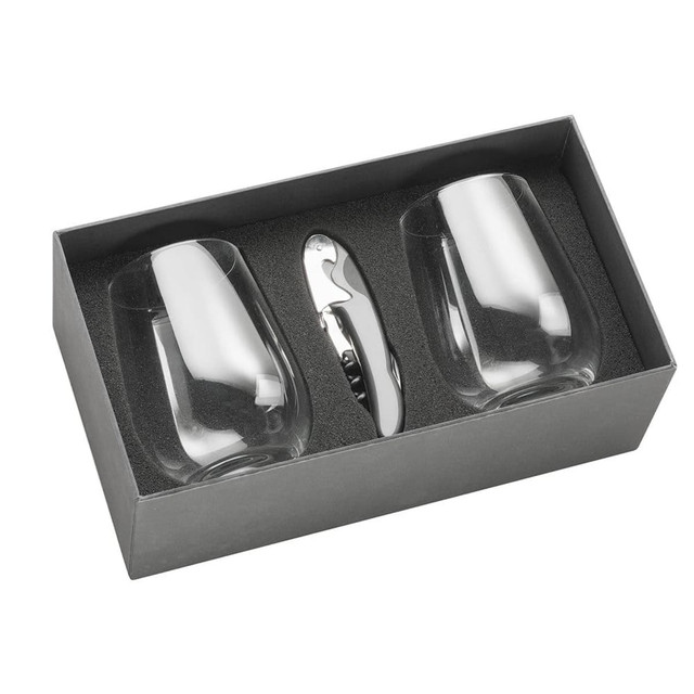 A wine glass set featuring two clear glasses and a silver corkscrew, presented in a sleek black box.