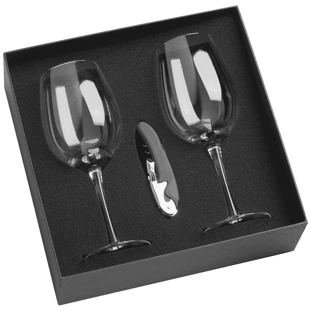 A wine glass set featuring two clear 430ml glasses and a corkscrew, presented in a black gift box.