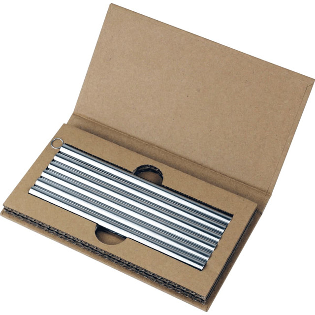 A set of stainless steel drinking straws in a cardboard packaging, showcasing multiple silver straws neatly arranged.
