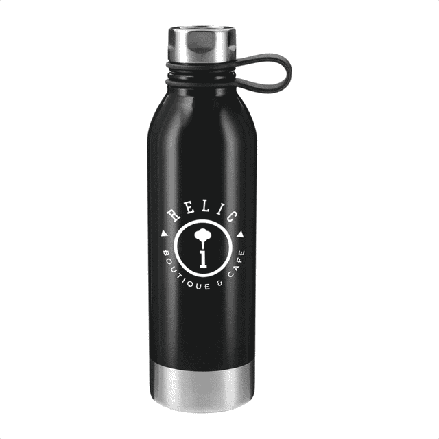A drink bottle featuring a black stainless steel body and a silver base, with a logo on the front.