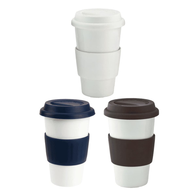 A ceramic coffee mug set in white, navy, and brown, featuring silicone lids and grips. Includes branding.