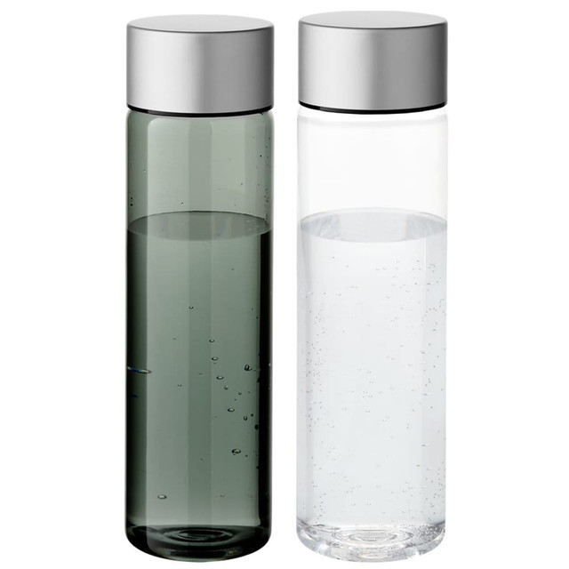 A drink bottle set featuring two styles: one in dark green and one in clear, both with silver caps.