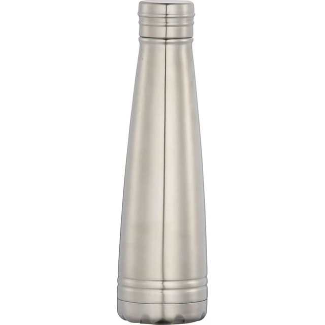 A drink bottle featuring a sleek stainless steel design with a vacuum insulated body. It has a branded logo.