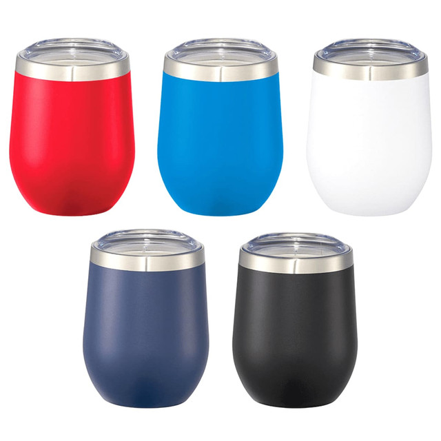 A drink bottle featuring five insulated cups in red, blue, white, navy, and black, with stainless steel accents and lids.