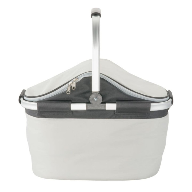 A grey picnic carry bag with a sturdy handle and a zippered compartment, featuring a logo on the front.