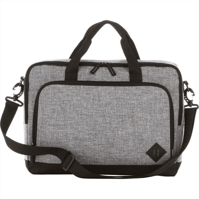 A grey and black computer briefcase with a shoulder strap and dual handles, featuring a logo.