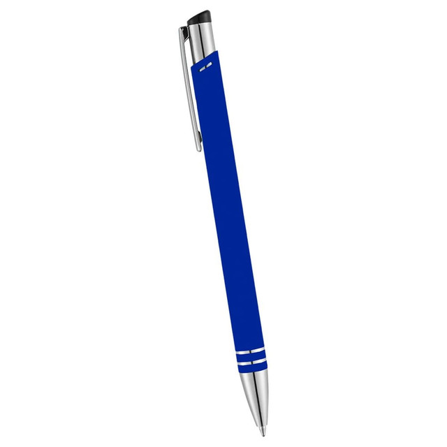A blue metal ballpoint pen with a silver clip and accents, featuring a logo on the barrel.