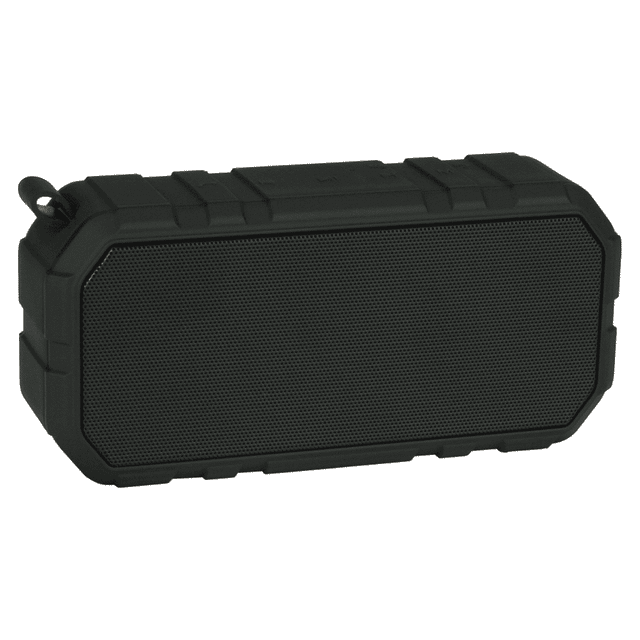 A black outdoor waterproof Bluetooth speaker with a textured surface and a rugged design, featuring a logo.