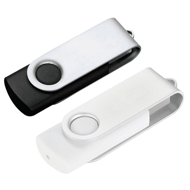 A USB flash drive in black and white, featuring a rotating design and a circular button. Includes a logo.